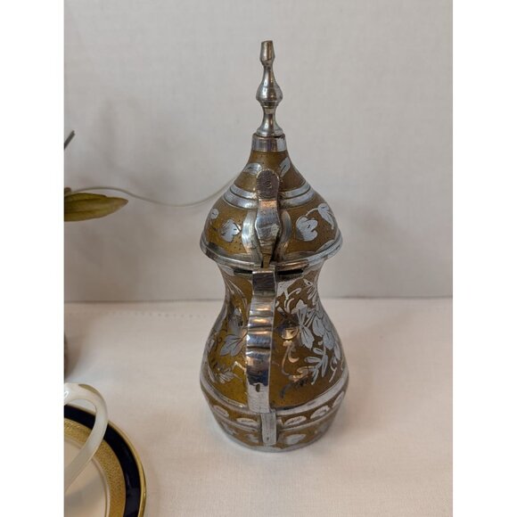 Vintage Dallah Coffee Pot Middle Eastern Style Brass & Silver Floral Engravings - Picture 3 of 10